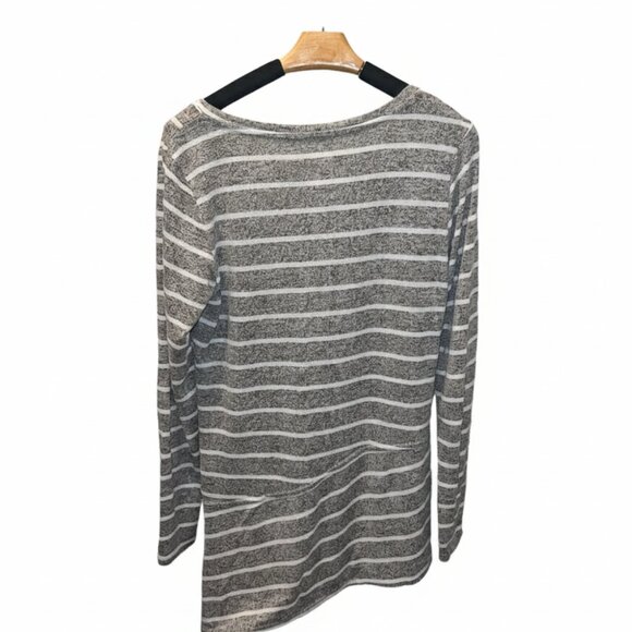 Maurices Grey and White Stripe Asymmetrical Hem V Neck Top - Picture 2 of 4